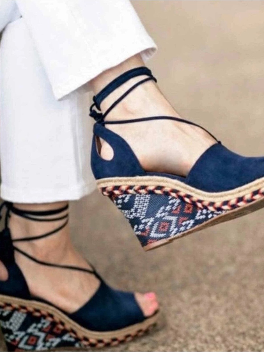 Cabi Isla Navy Suede Espadrille Wedge Sandals - Geometric Boho Ankle Tie Size 7